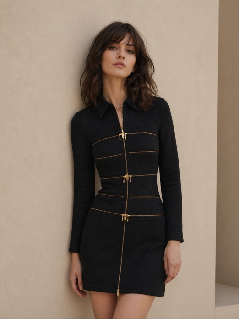 ANNE FONTAINE Multi-Zip Long Coat - Chic Black Architectural Statement Piece